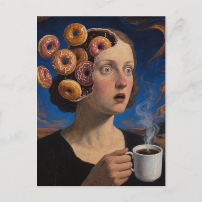 Postal Donas de desayuno surreales y una mujer de café (Anverso)