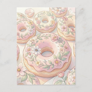Postal Donas rosadas florales ilustración pastel