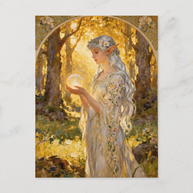 Postal Doncella Élfica Etérea Estilo Art Nouveau (Anverso)