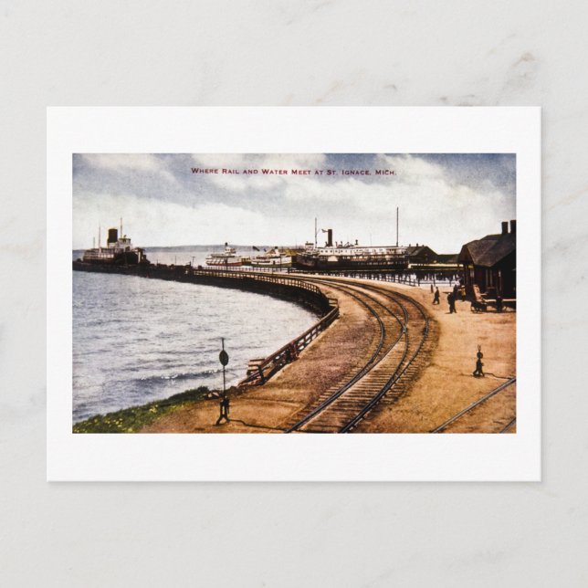 Postal Donde se reúnen el tren y el agua, St. Ignace, Mic (Anverso)