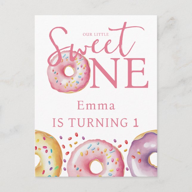 Postal Donut Sweet One Pink Primer Fiesta de cumpleaños (Anverso)