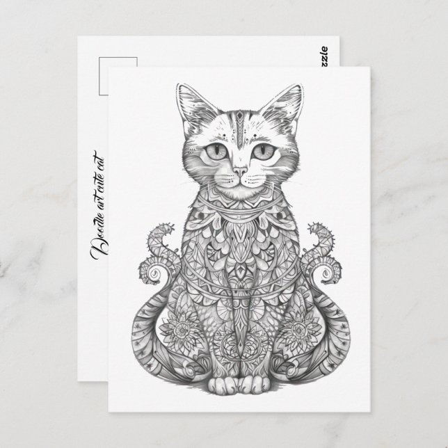 Postal Doodle art lindo gato (Anverso / Reverso)