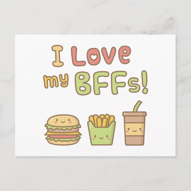 Postal Doodle de comida rápida Kawaii amo a mis BFFs (Anverso)