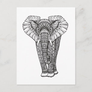 Postal Doodle de elefante con patrón de fantasía