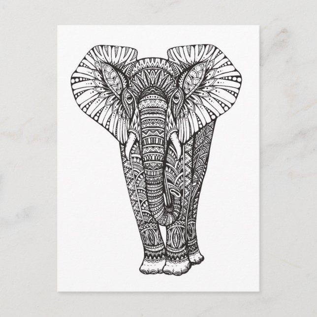 Postal Doodle de elefante con patrón de fantasía (Anverso)