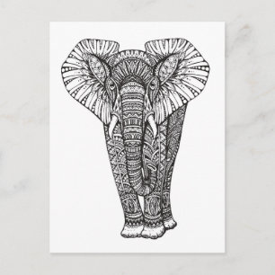 Postal Doodle de elefante con patrón de fantasía