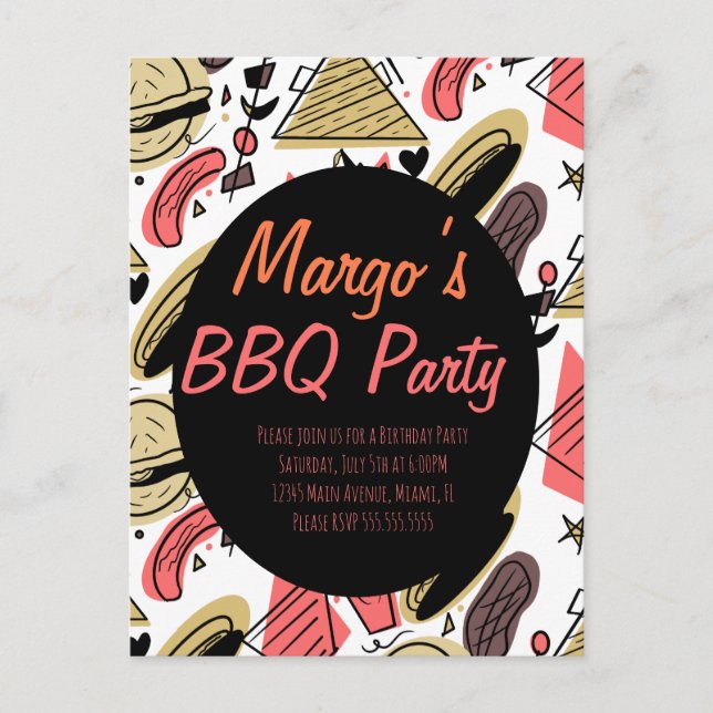 Postal Doodle de hamburguesa de hotdog cumpleaños BBQ  (Anverso)