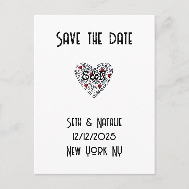 Postal doodle de moda amor corazón blanco negro rojo arte (Anverso)