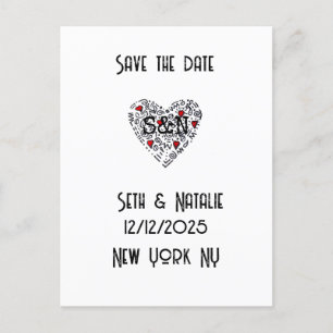 Postal doodle de moda amor corazón salva la fecha