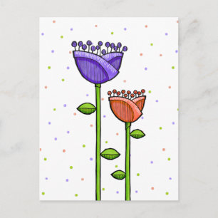 Postal Doodle divertido Flores moradas naranjas púrpura P