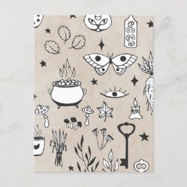 Postal Doodle mariposa gato botella hojas llaves de cauld