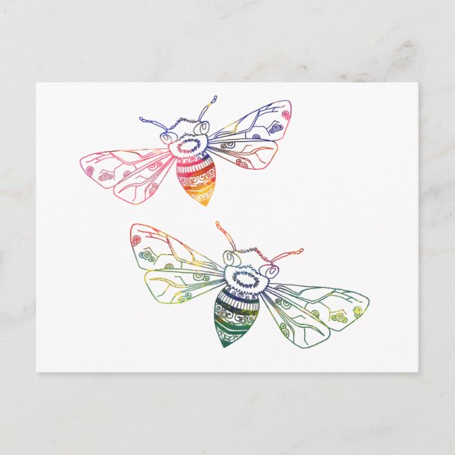 Postal Doodles de abejas multicolores (Anverso)