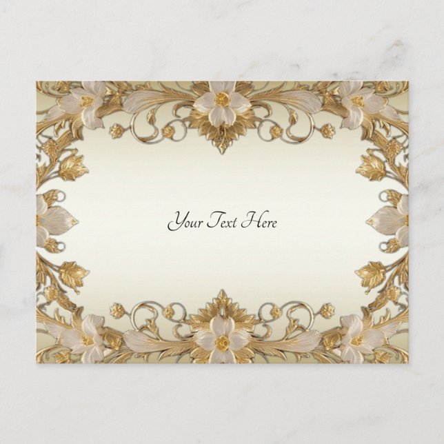 Postal dorada decorativa con flores blancas (Anverso)