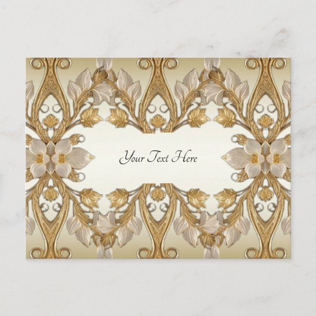Postal dorada decorativa con flores blancas (Anverso)