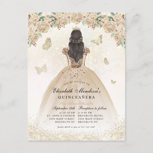Postal Dorada Sparkle Floral Princesa Quinceañera cumplea (Anverso)