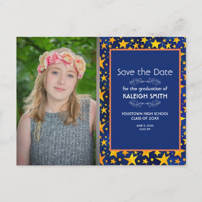 Postal Dorada Stars Navy Blue Photo Graduation Save Date (Anverso)