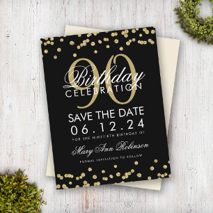 Postal Dorado Black 90 cumpleaños Save Date Confetti Invi