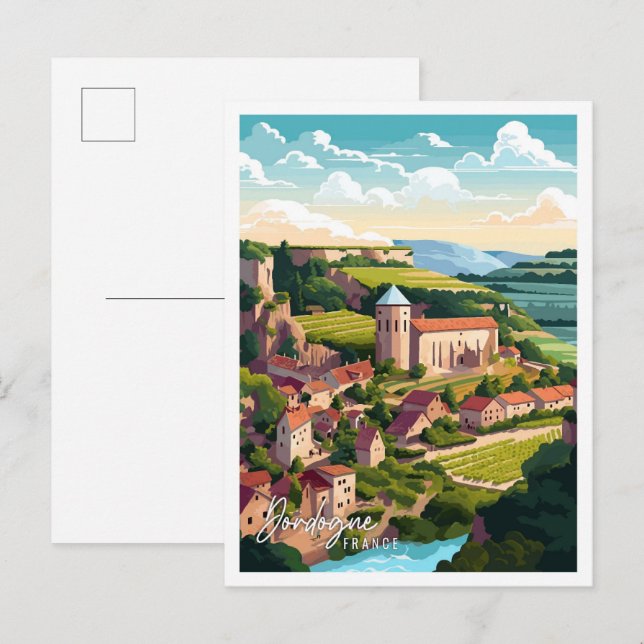 Postal Dordogne France ilustracion de viajes vintage (Anverso / Reverso)