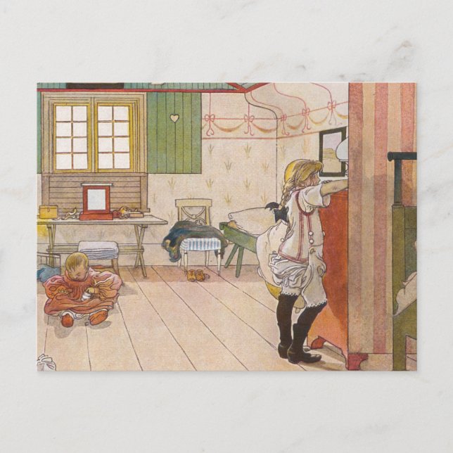 Postal Dormitorio ático superior con hermana pequeña. (Anverso)