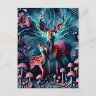 Postal Dos adorables ciervos psicodélicos en un bosque de