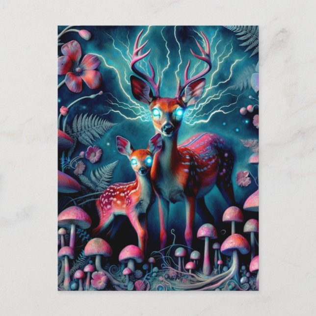 Postal Dos adorables ciervos psicodélicos en un bosque de (Anverso)