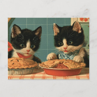 Postal Dos adorables gatitos esmoquin horneando tartas