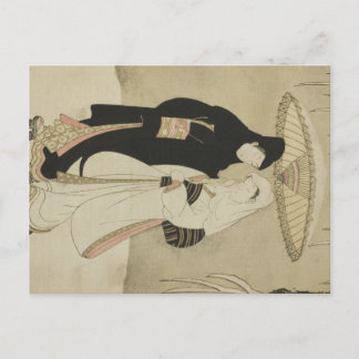 Postal Dos amantes bajo un paraguas en la nieve