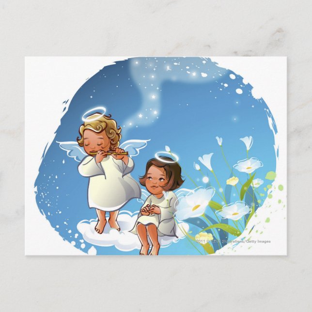 Postal Dos ángeles sentados en las nubes (Anverso)