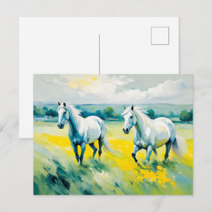 Postal Dos Caballos Blancos Corriendo a Través de Flores
