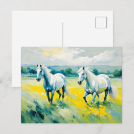 Postal Dos caballos blancos recorriendo flores amarillas
