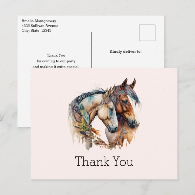 Postal Dos caballos con decoraciones de plumas Boho Graci (Anverso / Reverso)