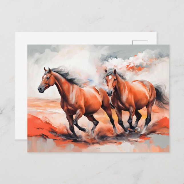 Postal Dos Caballos De Castaño Corriendo A Través De La A (Anverso / Reverso)