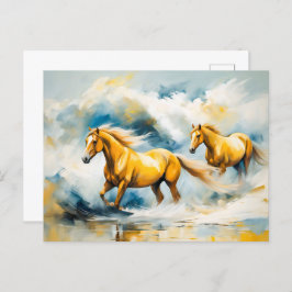 Postal Dos caballos galopando a través de agua poco profu