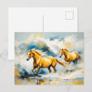 Postal Dos caballos galopando a través de agua poco profu