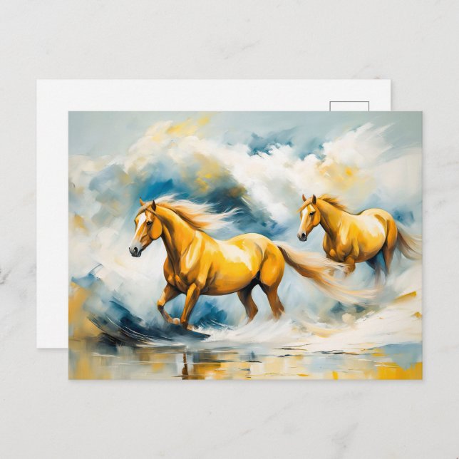 Postal Dos caballos galopando a través de agua poco profu (Anverso / Reverso)