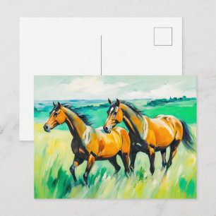 Postal Dos caballos marrones corriendo por el prado verde