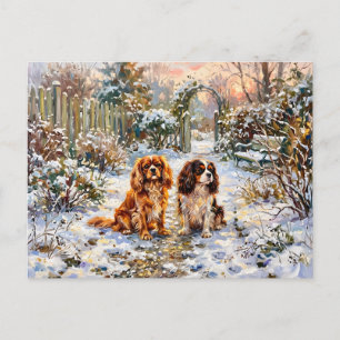 Postal Dos Cavalier Spaniels en camino invernal