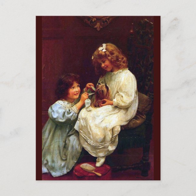 Postal Dos Chicas Hermanas Mascota Perro Pintura de Antig (Anverso)