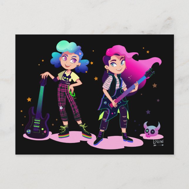 Postal Dos chicas tocan guitarras (Anverso)