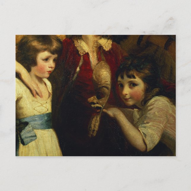 Postal Dos Chicas, uno jugando con una máscara, detalles  (Anverso)