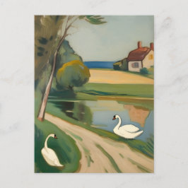 Postal Dos cisnes cerca de un estanque