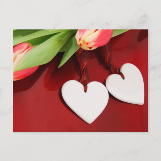 Postal Dos corazones con tulipanes (Anverso)