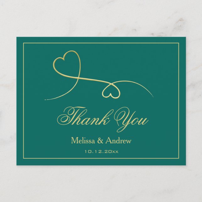 Postal Dos Corazones de Oro Elegantes | Boda 'Gracias' Po (Anverso)