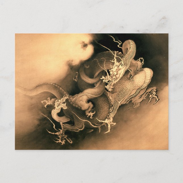 Postal Dos dragones en nubes (1885) de Kanō Hōgai (Anverso)