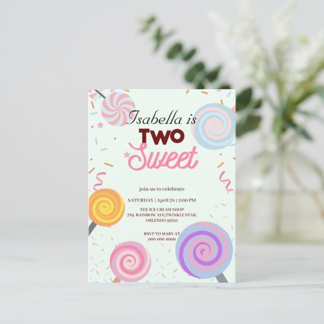 Postal Dos Dulces piruletas Purpurina 2 cumpleaños niña (Anverso de pie)