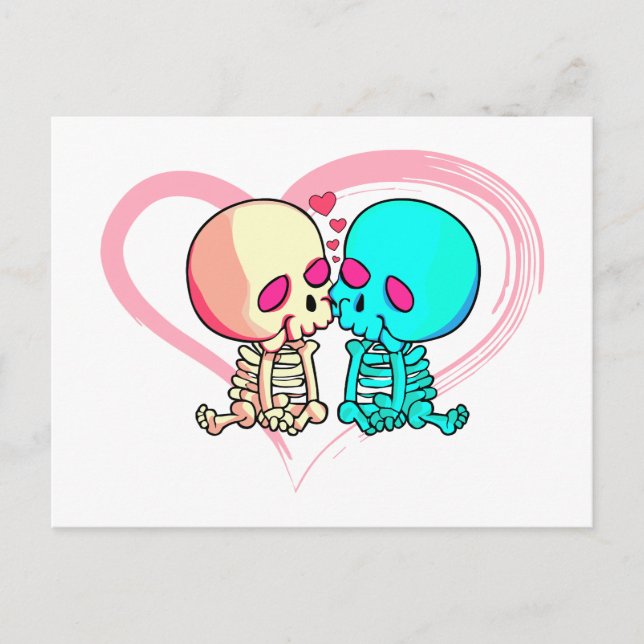 Postal Dos esqueletos románticos besándose con el corazón (Anverso)