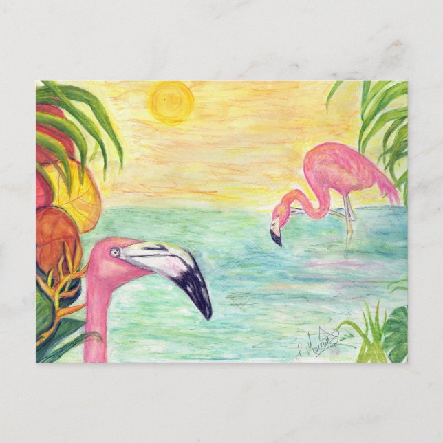 Postal Dos flamencos de Florida Watercolor Art (Anverso)