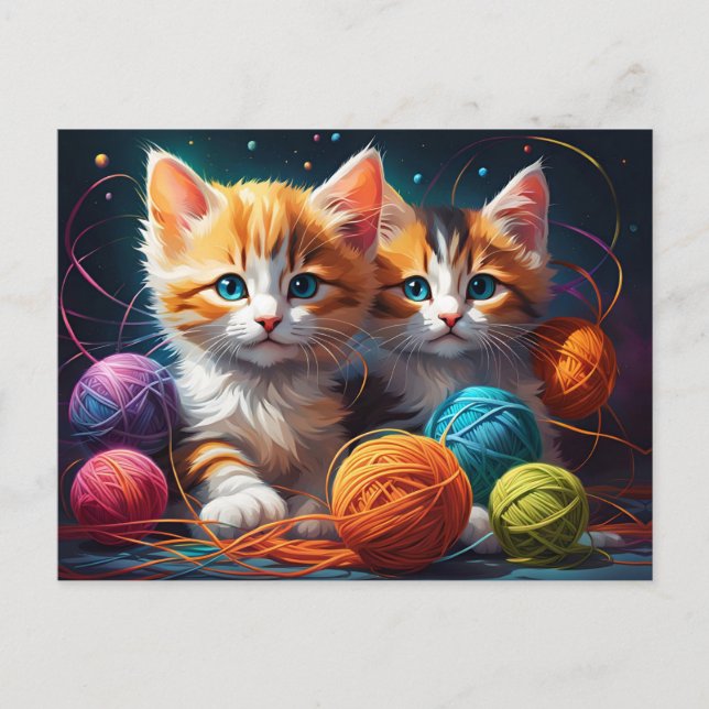 Postal Dos gatitos de corte con bolas de hilado (Anverso)
