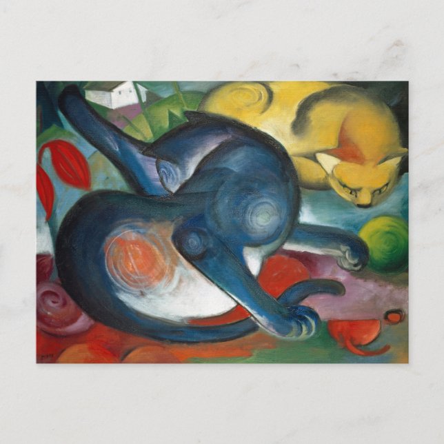 Postal Dos gatos, azul y amarillo, de Franz Marc (1912) (Anverso)