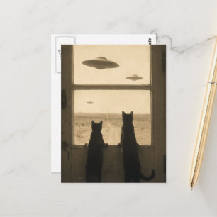 Postal Dos gatos en la puerta y OVNIs